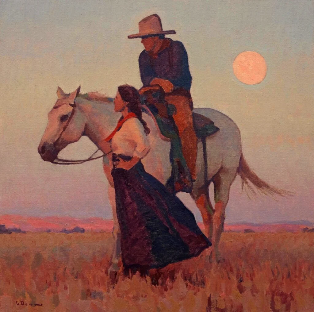 Painting by Glenn Dean of man on horse and woman standing
